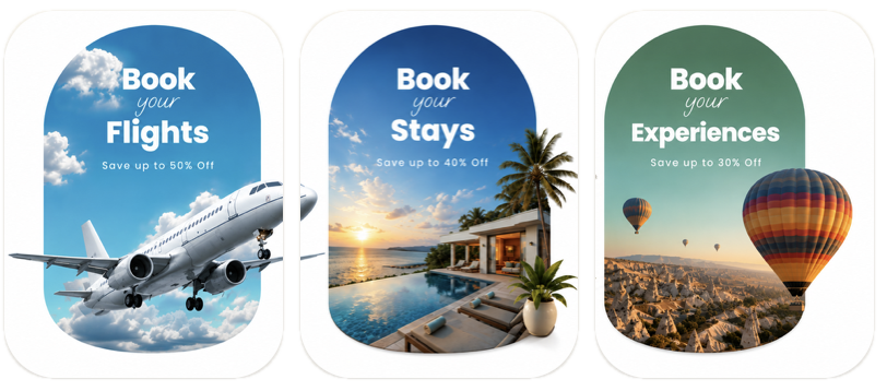 Book your Flights — Save up to 50% Off; Book your Stays — Save up to 40% Off; Book your Experiences — Save up to 30% Off